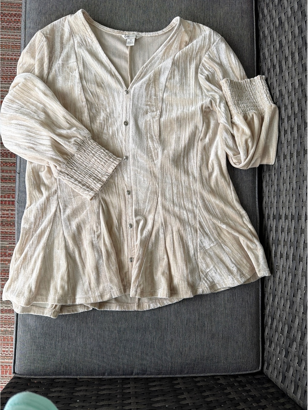 Women's Beige Velvet Button-Up Long Sleeve Blouse with Smocked Cuffs